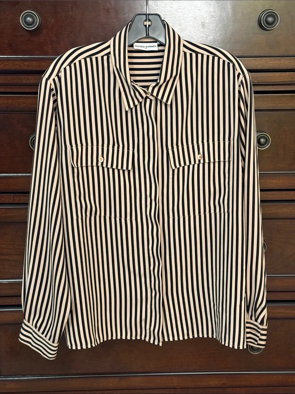 Alfred Dunner Black and Cream Vertical Stripe Button-Front Shirt - Picture 1 of 5